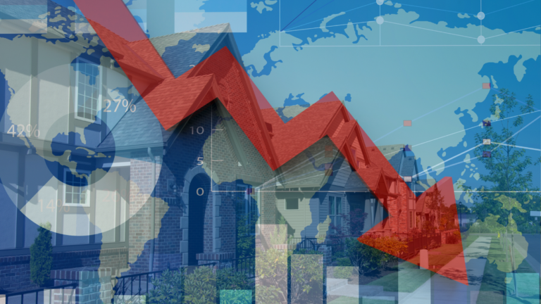 Red downward arrow over suburban homes with a global map and charts, indicating a falling housing market.