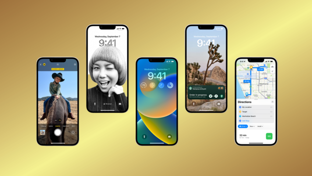 Row of five iPhones with different iOS screens on a gold gradient background (Camera, Portrait, widgets, Maps).