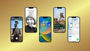 Row of five iPhones with different iOS screens on a gold gradient background (Camera, Portrait, widgets, Maps).
