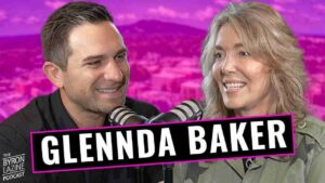 Podcast cover showing a man and a smiling woman speaking into microphones, with bold 'GLENDA BAKER' text and a purple background.