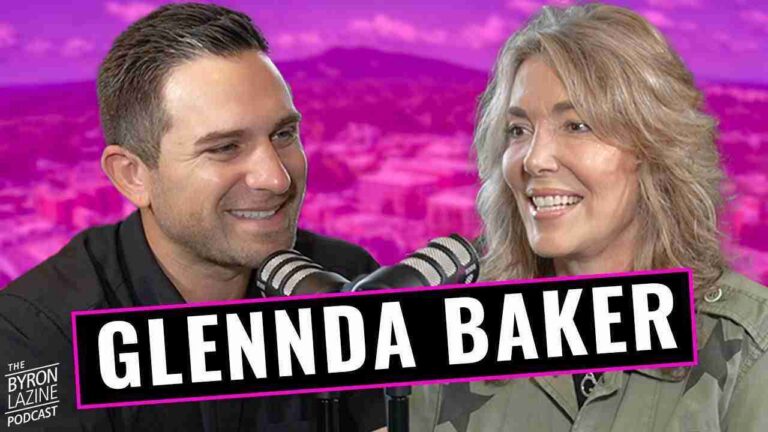 Podcast cover showing a man and a smiling woman speaking into microphones, with bold 'GLENDA BAKER' text and a purple background.