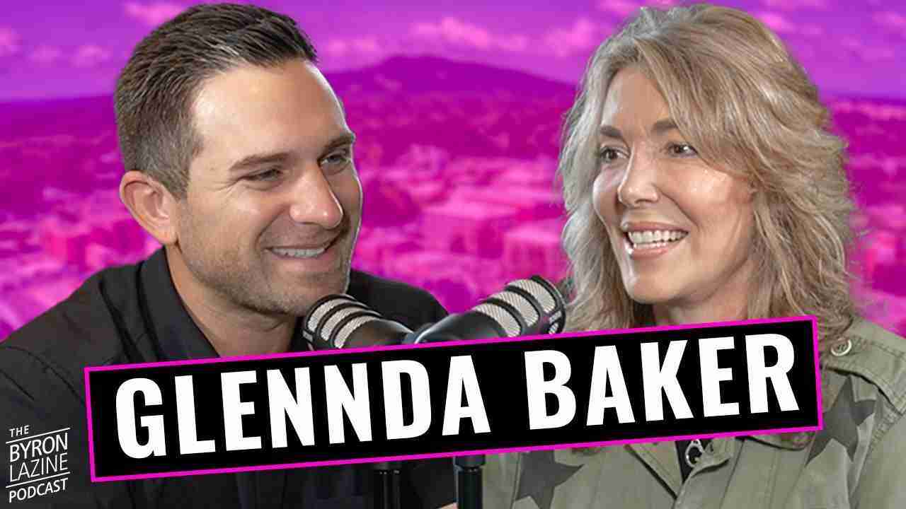 Podcast cover showing a man and a smiling woman speaking into microphones, with bold 'GLENDA BAKER' text and a purple background.