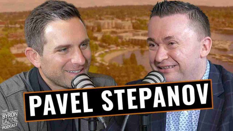 Two men podcasting with microphones; bold banner reads 'Pavel Stepanov' across the bottom.