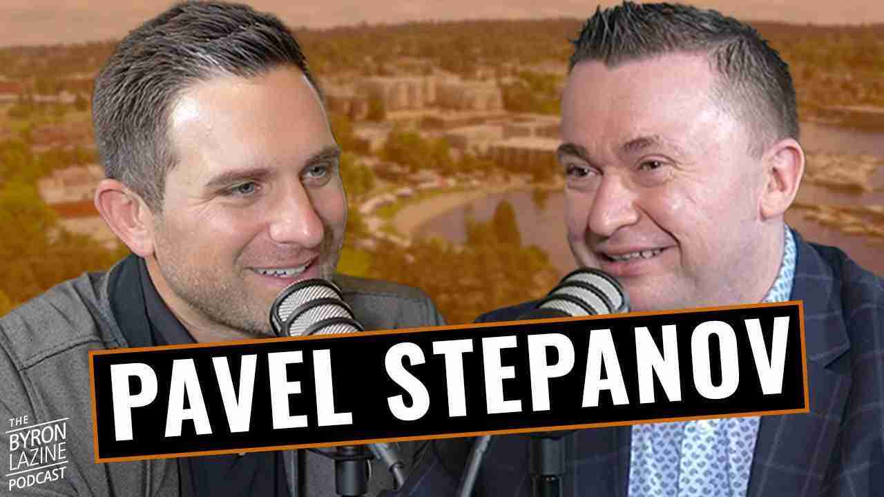Two men podcasting with microphones; bold banner reads 'Pavel Stepanov' across the bottom.