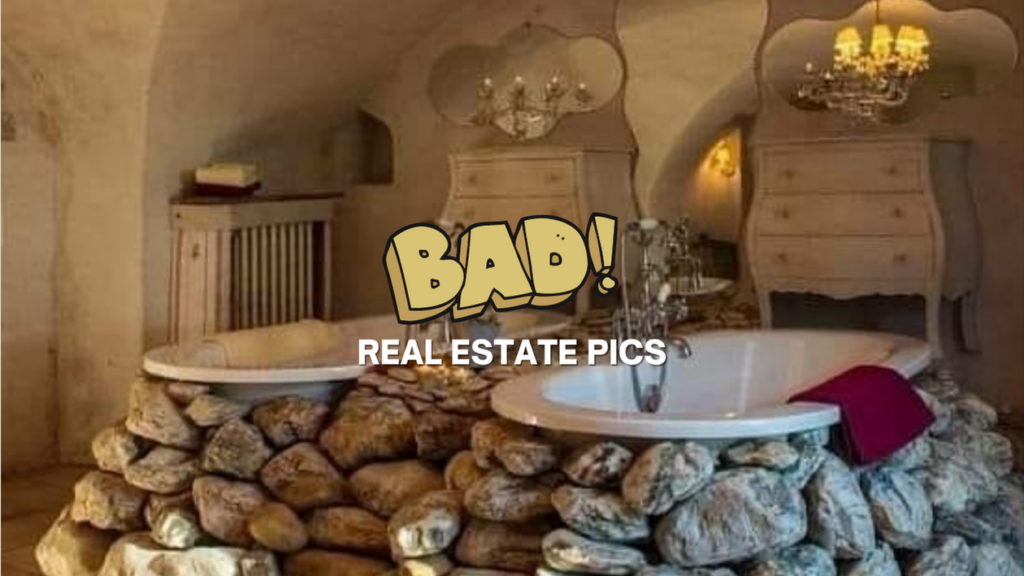 Tub resting on a rock pile in a stone-walled bedroom; vintage furniture and a 'BAD! REAL ESTATE PICS' overlay.