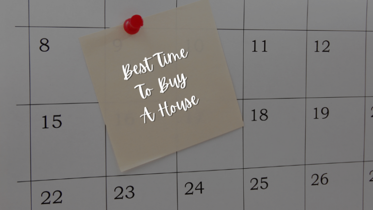 Sticky note pinned to a calendar reading 'Best Time To Buy A House'.