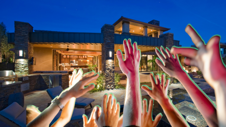 Crowd of people with raised hands reaching toward a lit luxury home and pool at night.