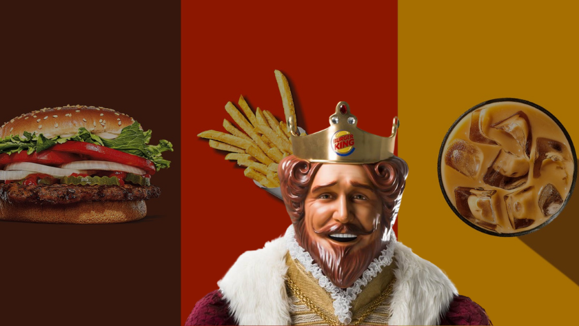 Burger King–inspired collage with a hamburger on the left, a crowned king and fries in the center, and an iced coffee on the right.