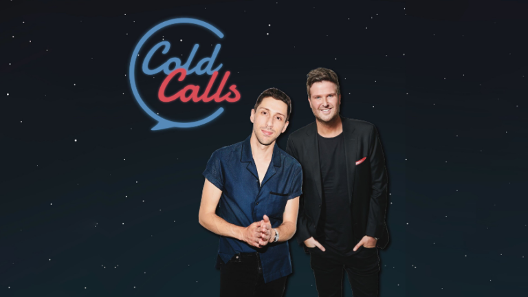 Promo image for the Cold Calls show featuring two male hosts posed against a dark starry backdrop with a neon Cold Calls logo above them.
