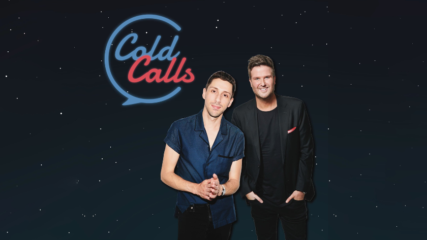 Promo image for the Cold Calls show featuring two male hosts posed against a dark starry backdrop with a neon Cold Calls logo above them.