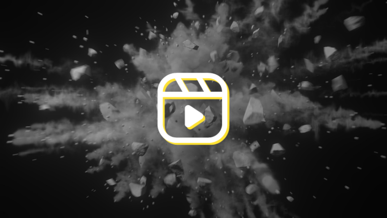 Video thumbnail with a yellow-framed play button in the center, surrounded by a dynamic explosion of debris on a dark background.