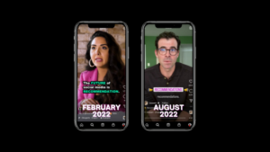 Two smartphone screens side by side showing video thumbnails; left shows a woman with February 2022 text overlay, right shows a man with August 2022 text overlay.