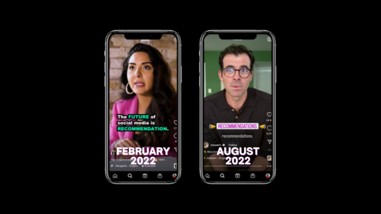 Two smartphone screens side by side showing video thumbnails; left shows a woman with February 2022 text overlay, right shows a man with August 2022 text overlay.