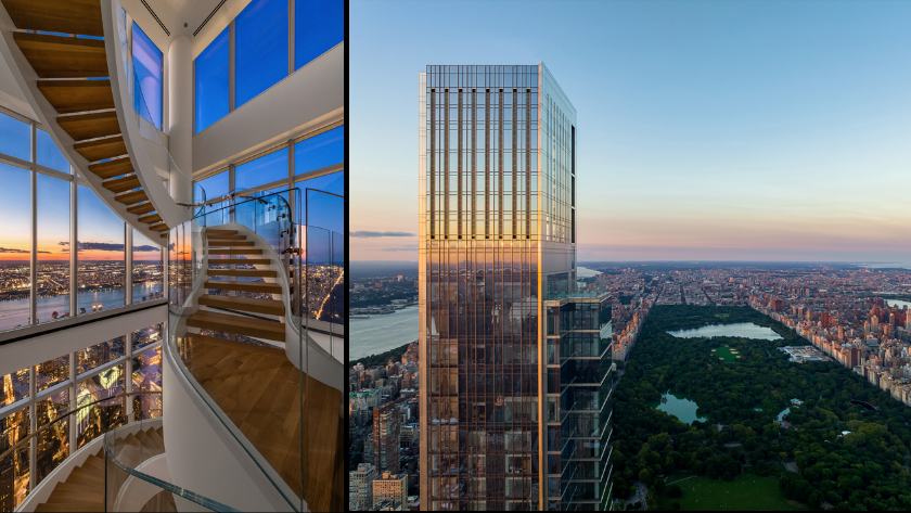 Split image: left shows a spiral wooden staircase inside a glass-walled tower at sunset; right shows a tall glass skyscraper above a city and green park.