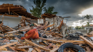 Collapsed house and debris scattered across a street after a hurricane, with a dark, stormy sky overhead