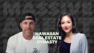 Two hosts (a man in a white T-shirt with a backward cap and a woman in a light blazer) stand side by side in front of a dark patterned backdrop featuring the title Hawaiian Real Estate Dynasty.
