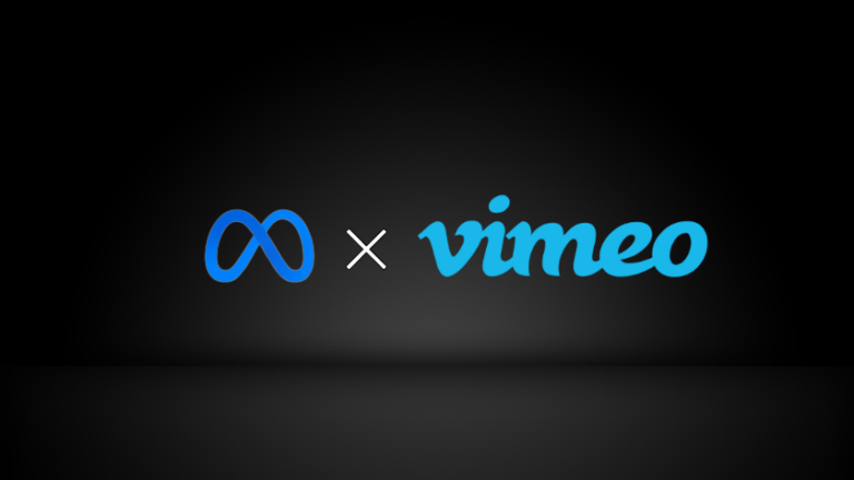 Meta logo next to Vimeo logo with an 'x' between, on a dark gradient background, signaling a collaboration between the two brands.