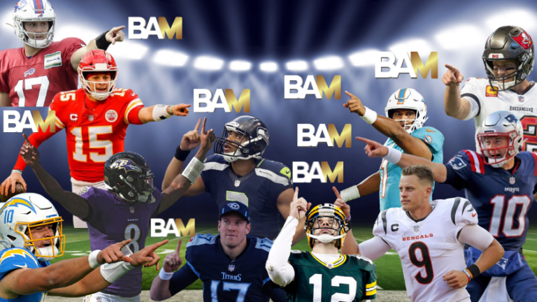 Collage of NFL players in action on a stadium field, with multiple BAM logos in white and gold scattered across.