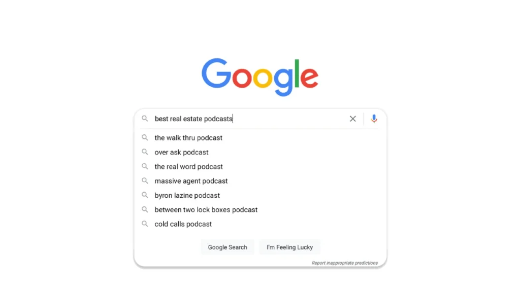 Google logo above a rounded search box with podcast search suggestions in the dropdown