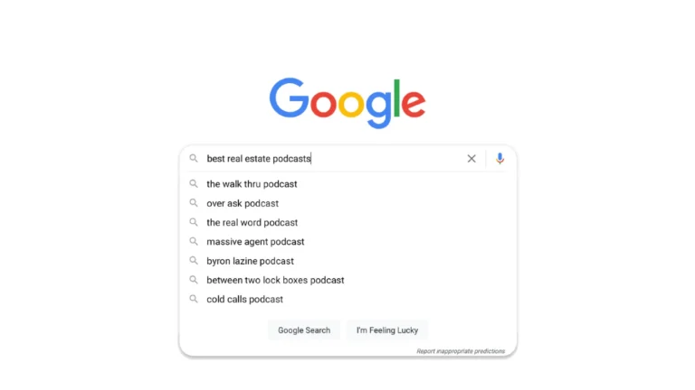 Google logo above a rounded search box with podcast search suggestions in the dropdown