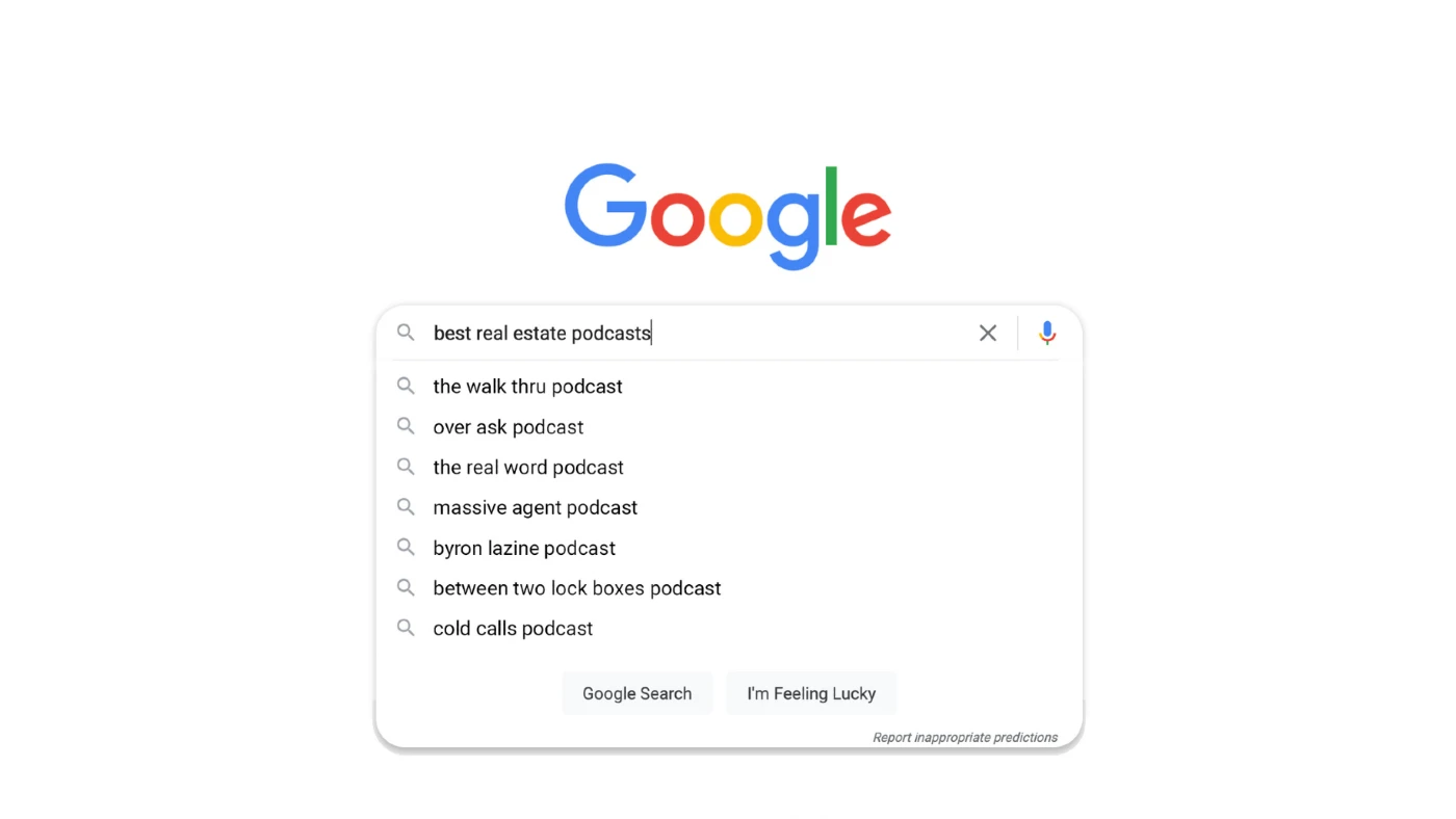 Google logo above a rounded search box with podcast search suggestions in the dropdown