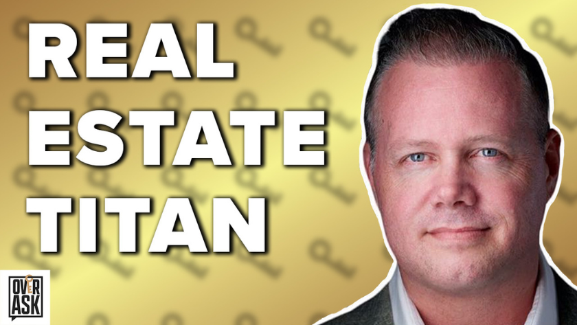 Thumbnail for a real estate show: bold white text 'REAL ESTATE TITAN' on a yellow patterned background, with a man in a suit on the right and an OverAsk logo bottom-left.