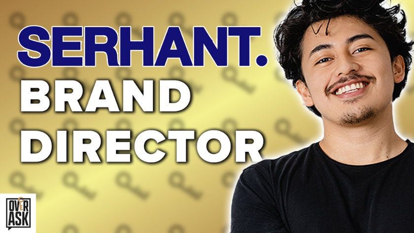 Smiling man in a black shirt on the right; bold text reads 'SERHANT. BRAND DIRECTOR' on a yellow background; OverAsk logo bottom-left.