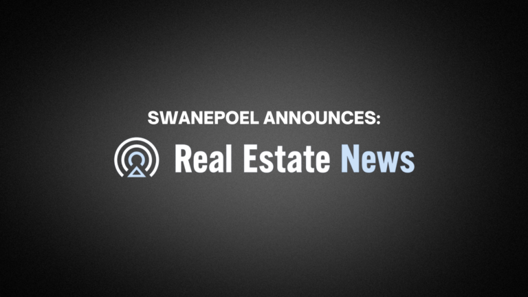 Announcement banner reading 'SWANEPOEL ANNOUNCES: Real Estate News' with a circular logo on the left on a dark gradient background.