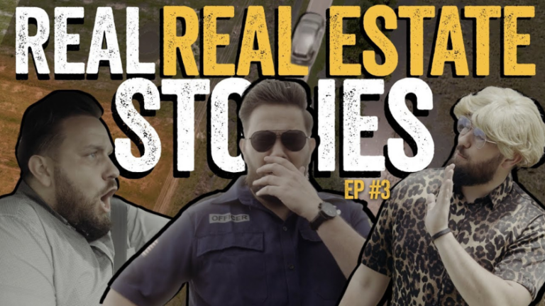 Podcast thumbnail showing three men in different outfits against bold 'REAL ESTATE STORIES' text, for episode 3.