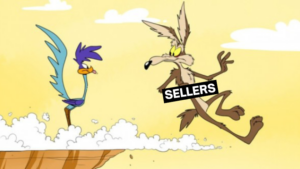 Road Runner stands on a cloudy cliff edge while a wild, wacky coyote labeled SELLERS chases after him.