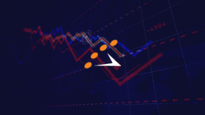 Abstract dark blue financial background with fluctuating red and blue stock charts, dotted grid, and a white cursor pointing along an orange dotted trend line