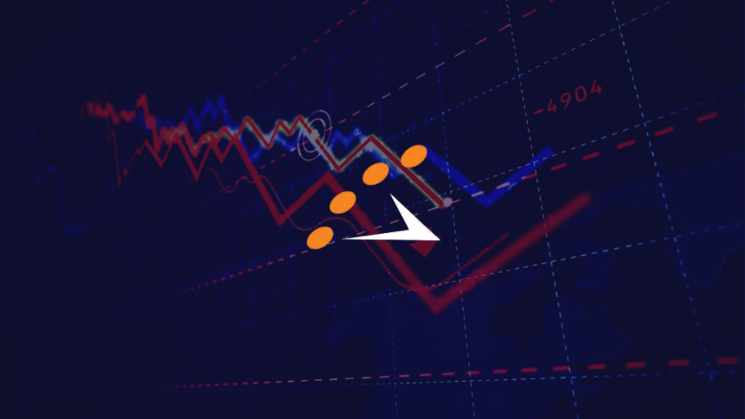 Abstract dark blue financial background with fluctuating red and blue stock charts, dotted grid, and a white cursor pointing along an orange dotted trend line