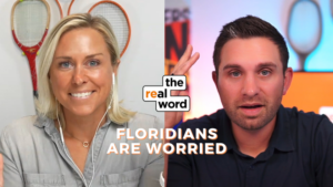Split-screen video thumbnail: smiling woman on the left with earbuds and a man on the right, overlay text reads 'FLORIDIANS ARE WORRIED' with a show logo between them.