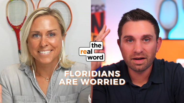 Split-screen video thumbnail: smiling woman on the left with earbuds and a man on the right, overlay text reads 'FLORIDIANS ARE WORRIED' with a show logo between them.