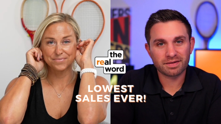 Split-screen thumbnail with a woman on the left adjusting an earring and a man on the right in a dark polo, studio backdrop, 'the real word' logo, and 'LOWEST SALES EVER!' text in the center.