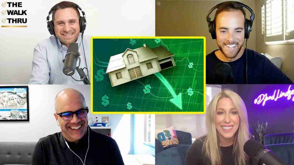 Four podcast hosts in a split-screen grid around a central green graphic of a house, dollar signs, and a downward arrow (real estate market trend).