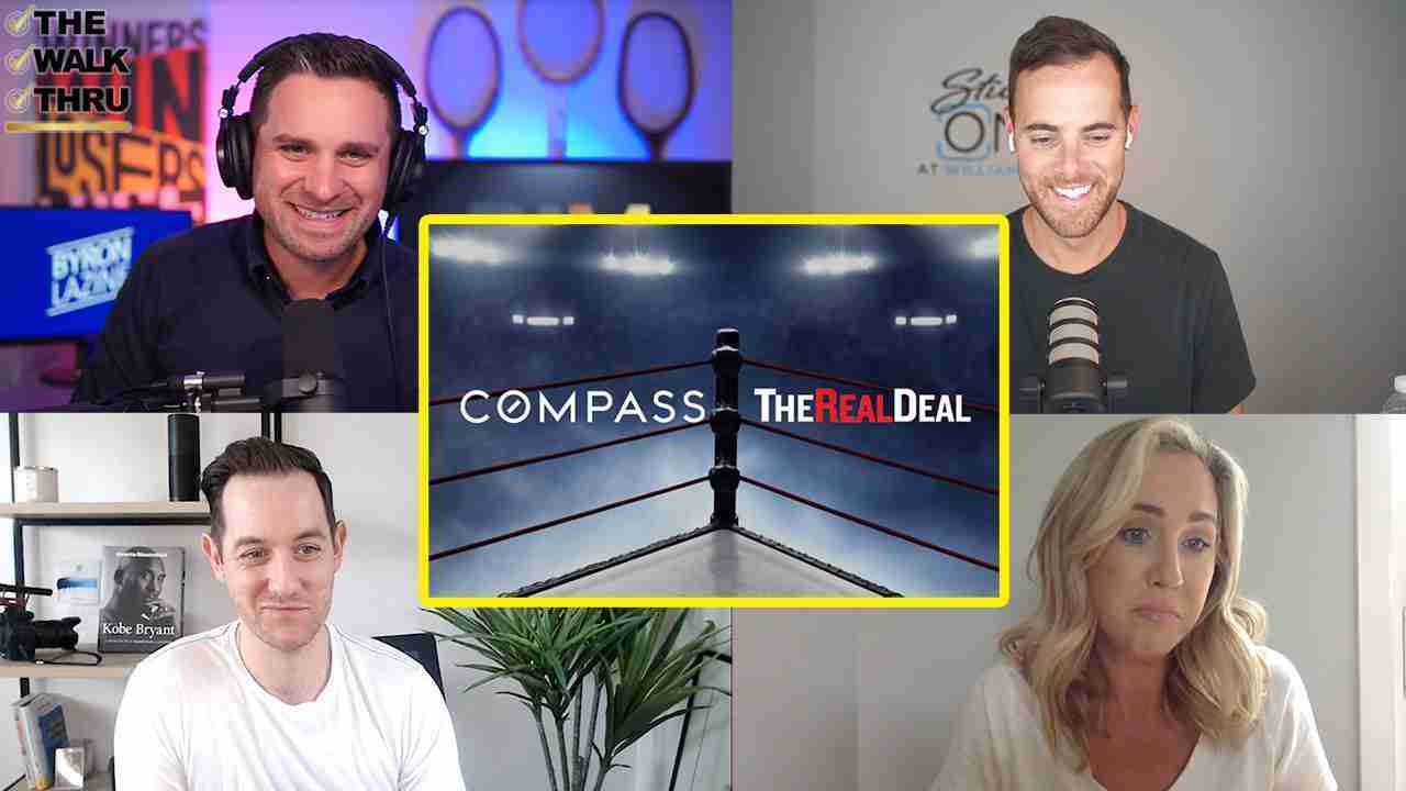 Four hosts in a video-call grid with a central yellow-framed image of a boxing ring and the text COMPASS THE REAL DEAL.
