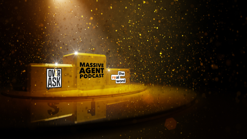Golden podium with glowing blocks displaying podcast logos on a reflective surface.