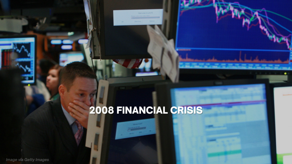 Trader on a crowded trading floor surrounded by multiple monitors showing stock graphs, with the caption '2008 FINANCIAL CRISIS'.