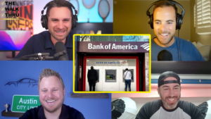 Collage of five podcasters wearing headphones, centered on a Bank of America storefront framed in yellow.