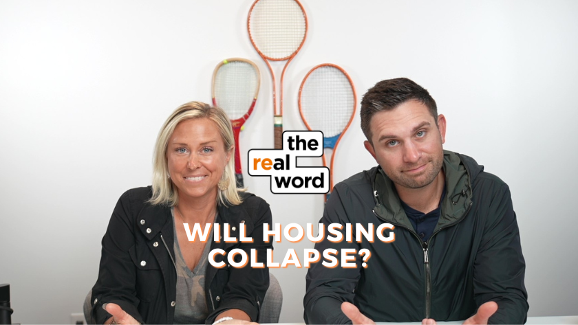 Two hosts sit at a table with tennis rackets in the background; overlay text reads ‘Will Housing Collapse?’ and a logo ‘the real word’.