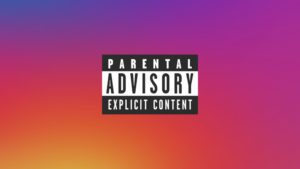 Centered Parental Advisory Explicit Content label over a purple-to-orange gradient background.