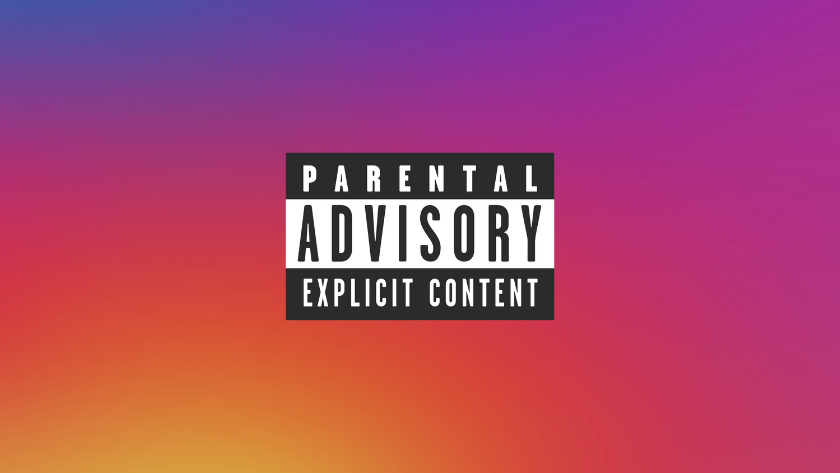 Centered Parental Advisory Explicit Content label over a purple-to-orange gradient background.