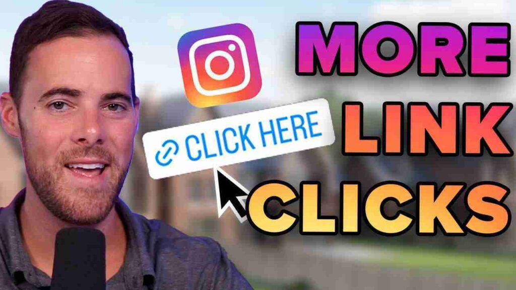 YouTube thumbnail featuring a man with a microphone and bold pink-orange text reading 'MORE LINKS CLICKS' with a blue 'Click Here' badge and Instagram logo nearby.