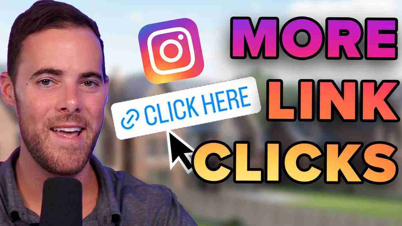 YouTube thumbnail featuring a man with a microphone and bold pink-orange text reading 'MORE LINKS CLICKS' with a blue 'Click Here' badge and Instagram logo nearby.