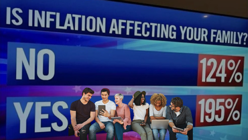 Poll graphic asking 'Is inflation affecting your family?' with large YES/NO bars and a diverse group using devices in front of the banner.