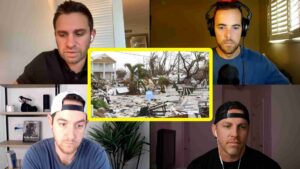 Video call collage; center image shows a severely damaged house and debris from a storm.