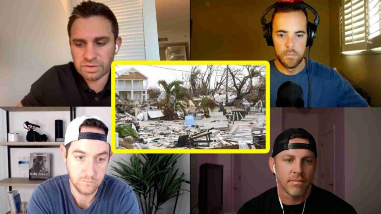 Video call collage; center image shows a severely damaged house and debris from a storm.