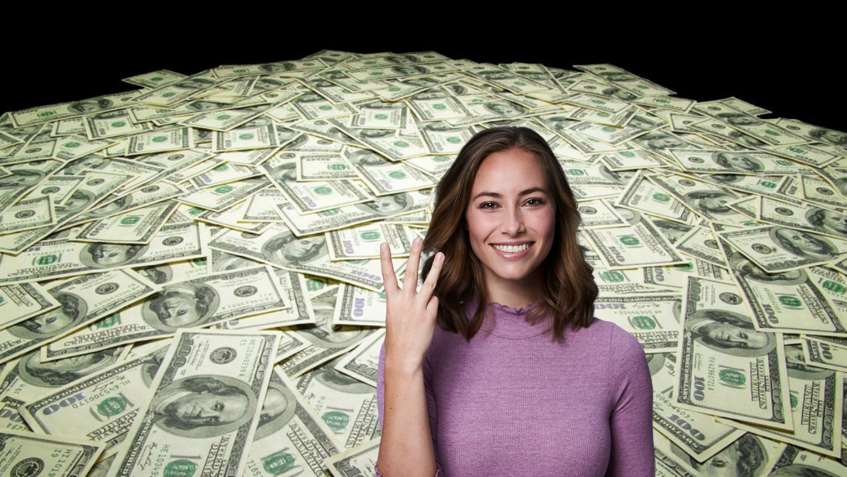 Smiling woman in a pink sweater stands in front of a huge pile of US hundred-dollar bills, suggesting wealth or reward.