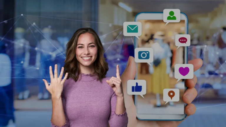 Smiling woman in a purple sweater beside a smartphone showing floating social media icons. (connectivity)